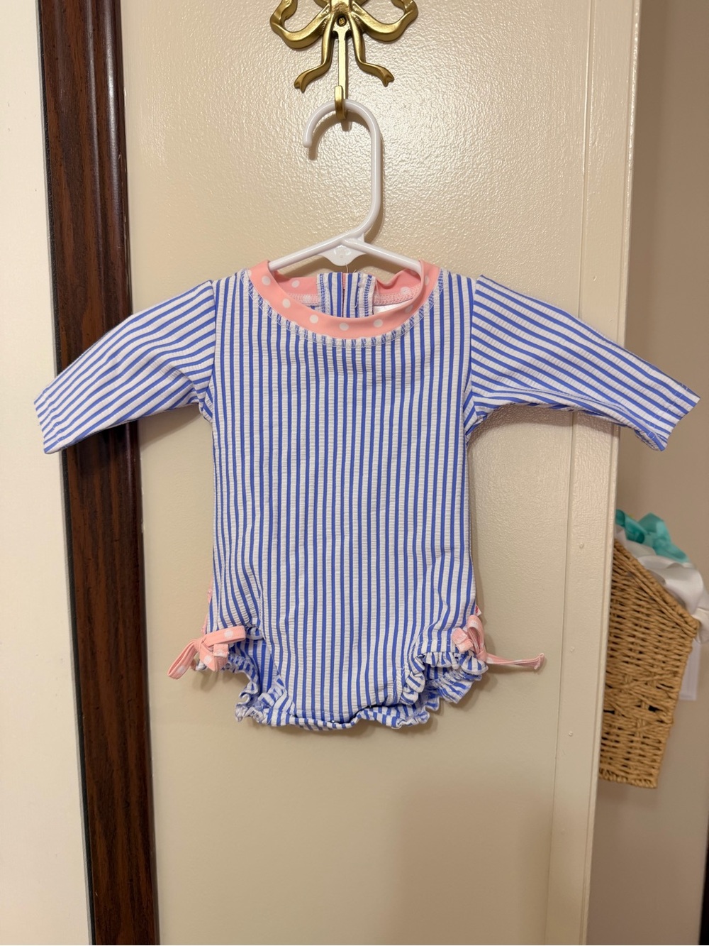 Ruffle Butts Blue & White Striped Long-Sleeve One-Piece with Pink Trim